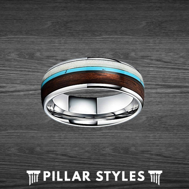 Deer Antler Ring Tungsten Ring with Turquoise & Koa Wood Wedding Band - Pillar Styles