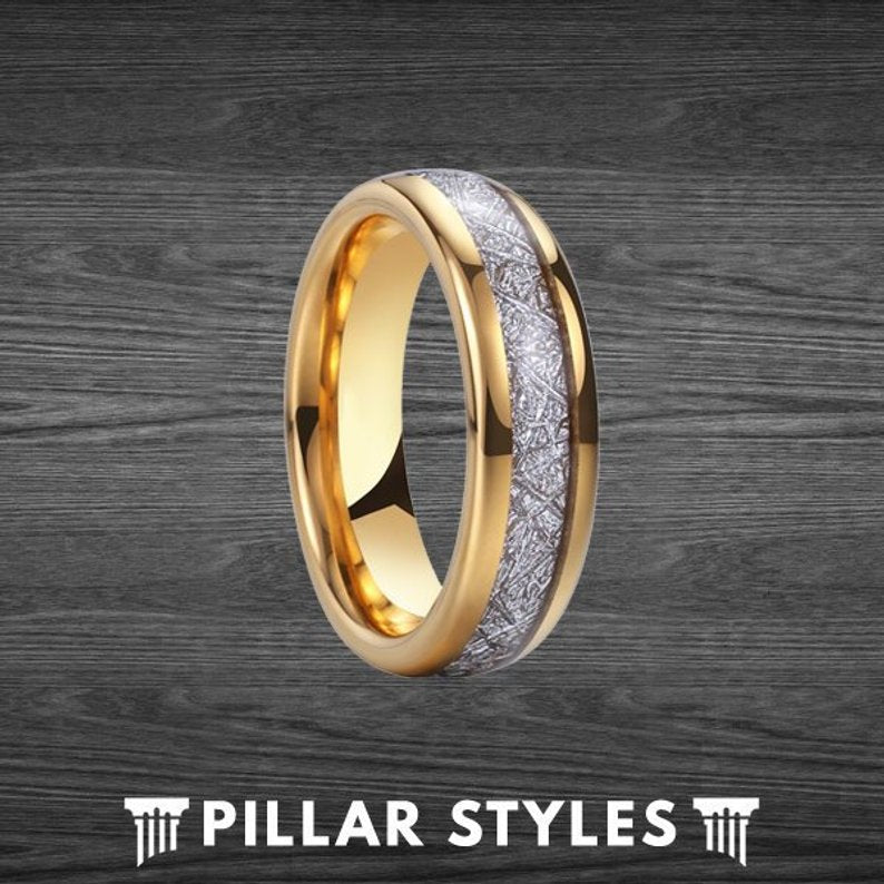 6mm Gold Meteorite Ring Tungsten Wedding Band Mens Ring - Pillar Styles