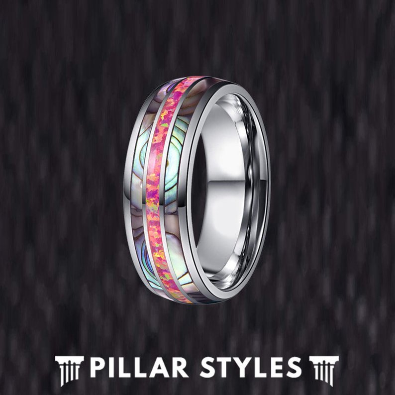 Red Opal Ring Tungsten Wedding Band - Abalone Ring for Men - Pillar Styles