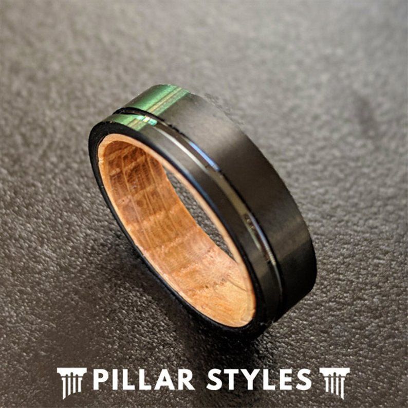 6mm Whiskey Barrel Wood Rings for Men - Black Tungsten Wood Ring - Pillar Styles