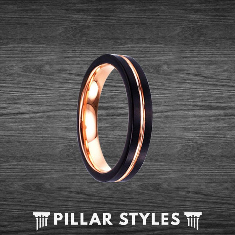 Black Tungsten Wedding Bands Womens Ring 4mm Rose Gold Ring - Pillar Styles