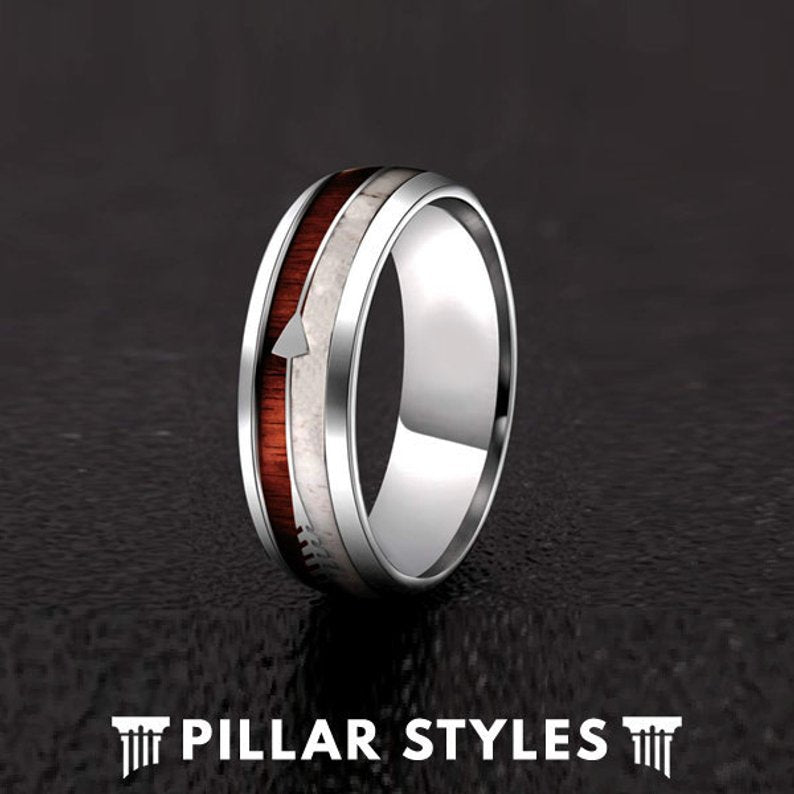 Deer Antler Rings Wood Wedding Band with Arrow Inlay Mens Ring - Pillar Styles