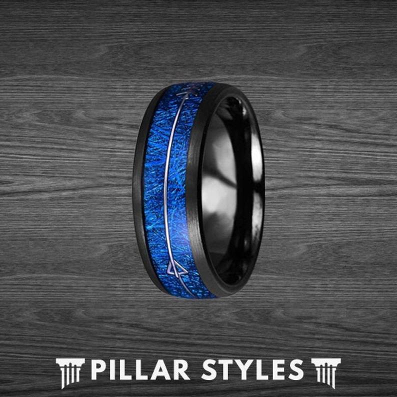 Meteorite Mens Wedding Band with Blue Arrow - Pillar Styles