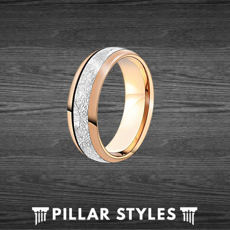 Tungsten Rose Gold Meteorite Ring Mens Wedding Band - Unique Rose Gold Ring - Pillar Styles