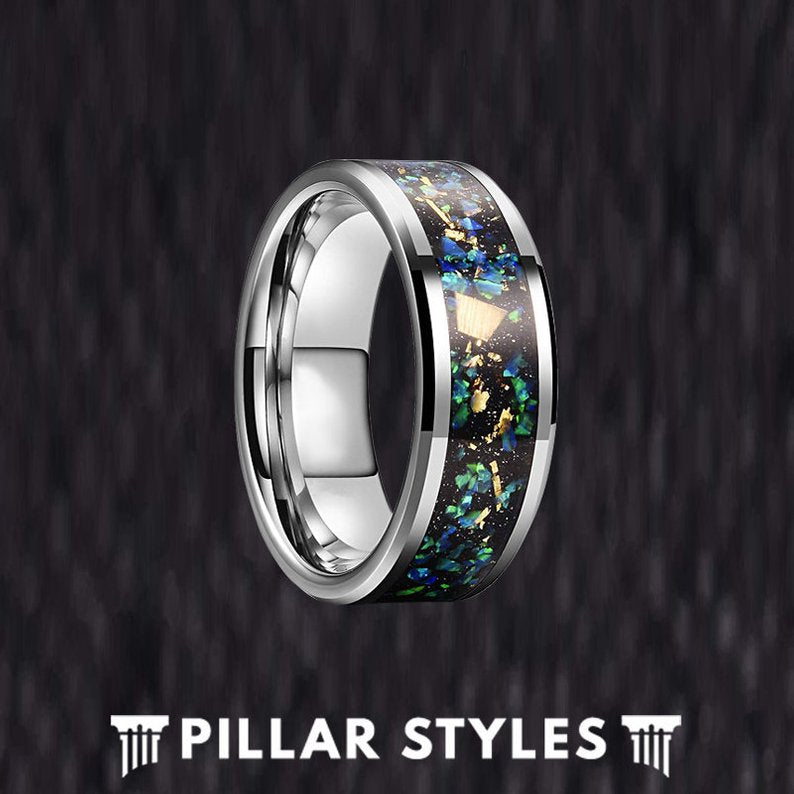 Blue Opal Ring Tungsten Wedding Band Mens Ring - Crushed Green Opal Ring - Pillar Styles