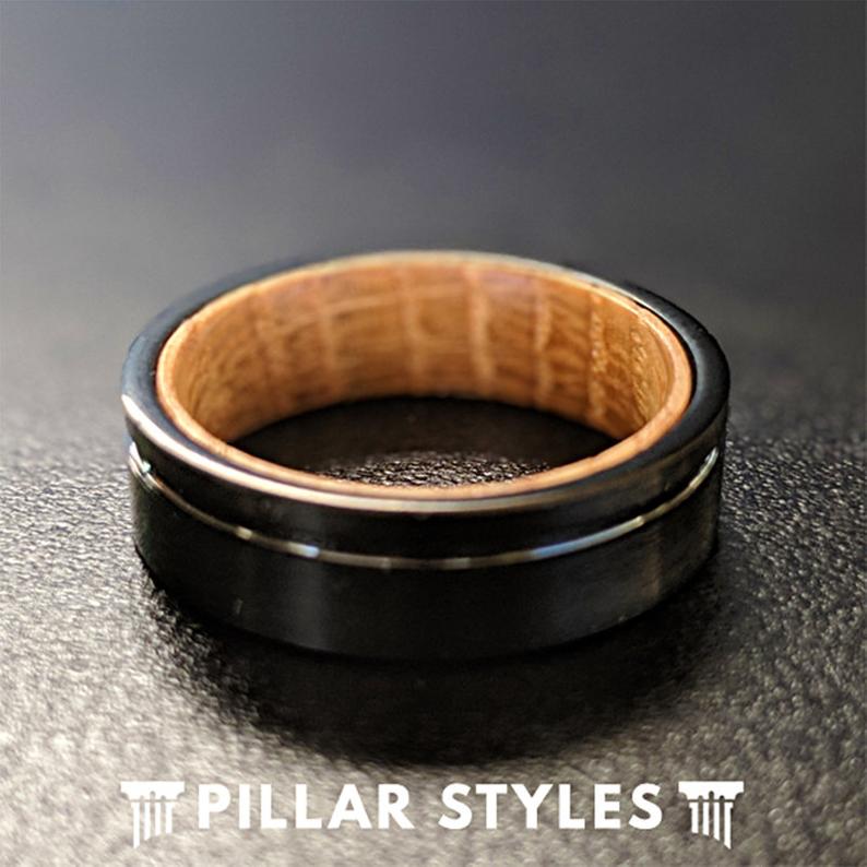 6mm Whiskey Barrel Ring Mens Wedding Band - Wood Inlay Ring - Pillar Styles