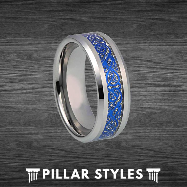 Blue Mens Viking Ring Tungsten Wedding Band Blue Ring - Carbon Fiber Celtic Ring for Men - Pillar Styles