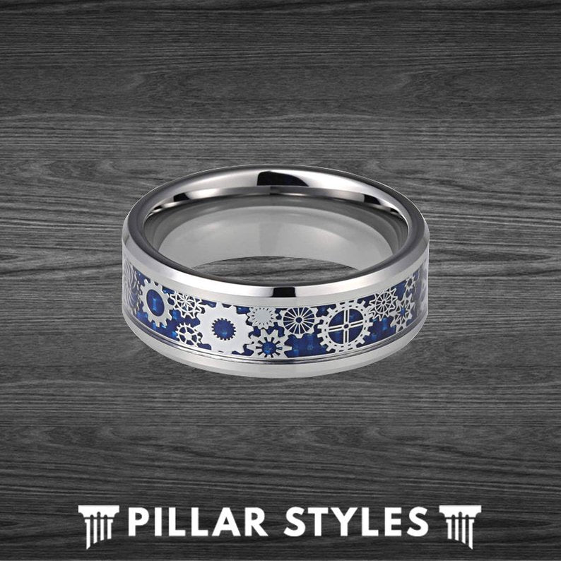Blue Steampunk Ring Tungsten Carbon Fiber Ring