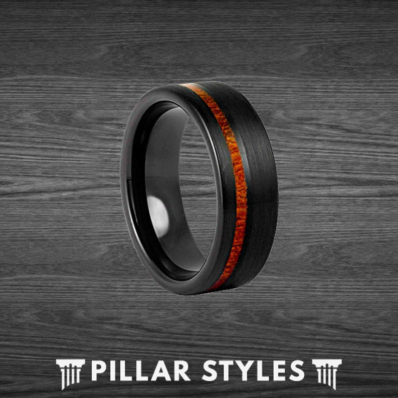 6mm Koa Wood Ring Mens Wedding Band Tungsten Ring - Black Mens Ring with Koa Wood Inlay - Pillar Styles