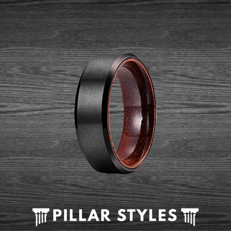 Black Titanium Ring Mens Wedding Band - Rose Wood Wedding Band - Pillar Styles