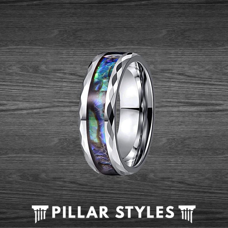 Tungsten Abalone Ring Mens Wedding Band - 8mm Faceted Abalone Shell Ring - Pillar Styles