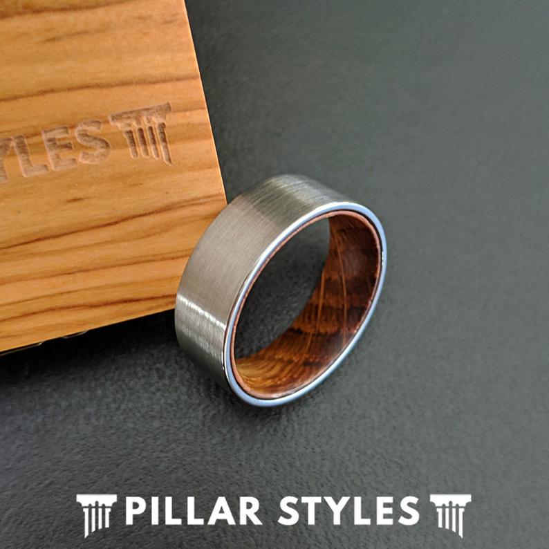 Pipe Cut Whiskey Barrel Ring Mens Wedding Band Wood Ring - Pillar Styles