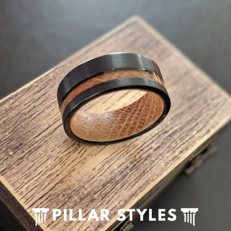 Whiskey Barrel Ring Offset Wood Inlay Ring - Tungsten Wood Wedding Band Mens Ring - Pillar Styles