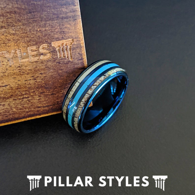 Blue Mens Turquoise Ring Tungsten Wedding Band Deer Antler Ring - Pillar Styles