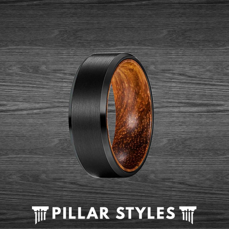 Exotic Zebra Wood Ring Mens Wedding Band - Tungsten Ring with Wood Inlay - Pillar Styles