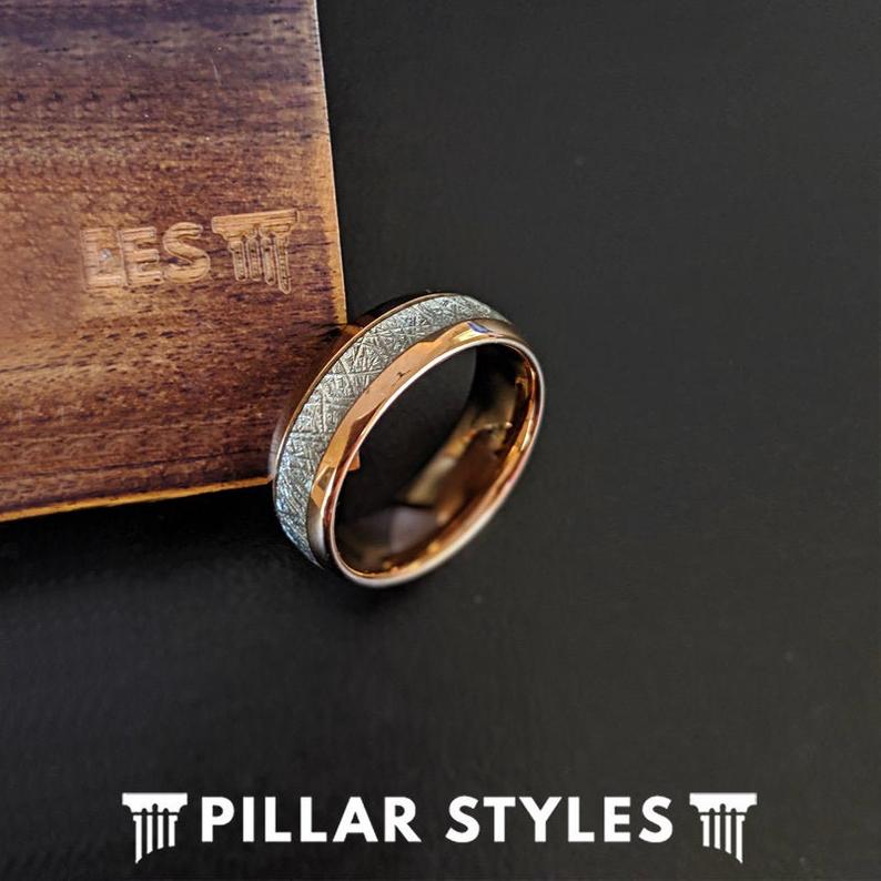 Meteorite Rose Gold Ring Tungsten Wedding Bands - Pillar Styles