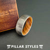 Silver Tungsten Wedding Band with Forest Etching & Oak Wood Ring - Pillar Styles