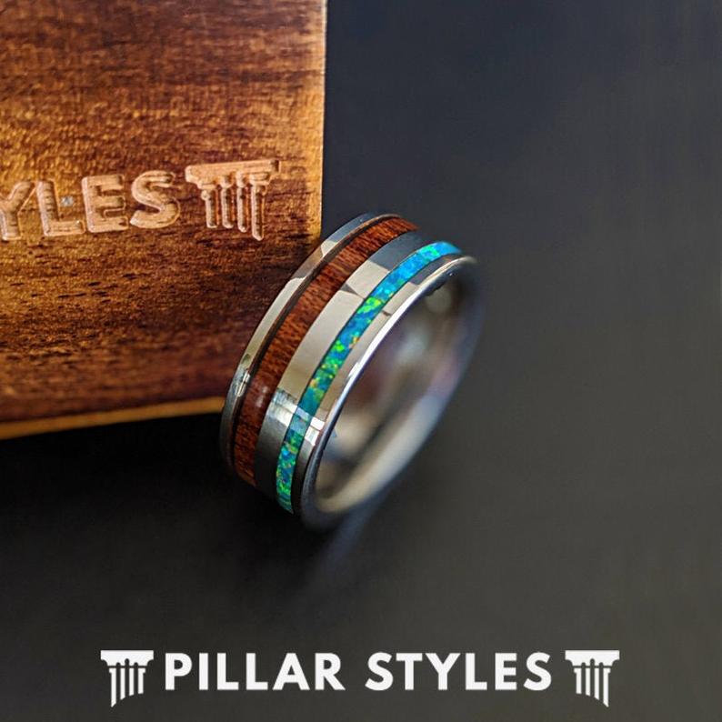 Wood & Opal Ring Tungsten Wedding Band Mens Ring Green Fire Opal Ring - Pillar Styles