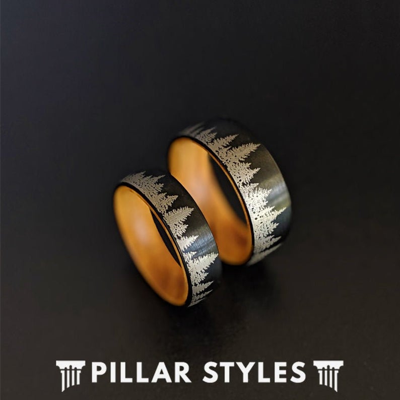 6mm/8mm Nature Ring Black Mens Wedding Band Forest Trees Mens Ring - Tungsten Wood Rings for Men - Pillar Styles