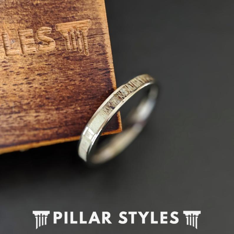 3mm Thin Deer Antler Ring Titanium Wedding Bands Womens Ring - Unique Silver Antler Rings for Women - Pillar Styles
