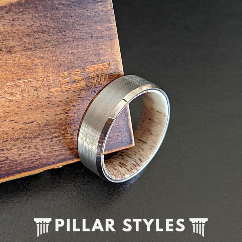 Deer Antler Ring Mens Wedding Band Silver Tungsten Ring - 8mm Nature Ring Antler Wedding Band - Pillar Styles