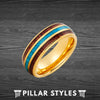 14K Gold Wedding Band Koa Wood Ring Unique Mens Wedding Bands Turquoise Ring 8mm Yellow Gold Ring with Wooden Inlay