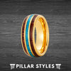 14K Gold Wedding Band Koa Wood Ring Unique Mens Wedding Bands Turquoise Ring 8mm Yellow Gold Ring with Wooden Inlay