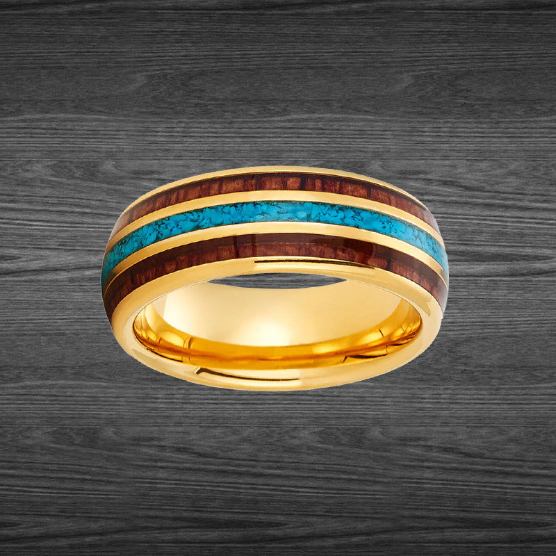14K Gold Wedding Band Koa Wood Ring Unique Mens Wedding Bands Turquoise Ring 8mm Yellow Gold Ring with Wooden Inlay
