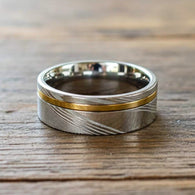 Silver Damascus Ring 14K Gold Wedding Band Mens Ring 8mm Yellow Gold Ring with Damascus Steel