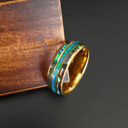 14K Gold Wedding Band Abalone and Opal Ring Mens Wedding Band Tungsten Ring 8mm Unique Blue Opal Yellow Gold Rings for Men