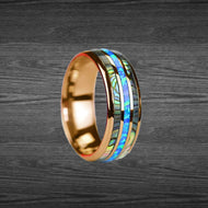 18K Rose Gold Ring Mens Wedding Band Opal Ring 8mm Tropical Blue Opal Tungsten Ring with Abalone Shell Inlay