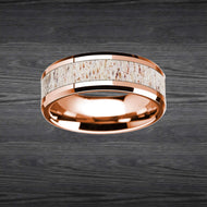 14K Rose Gold Deer Antler Ring Mens Wedding Band Tungsten Ring 8mm Rose Gold Wedding Band Antler Rings for Men - Pillar Styles