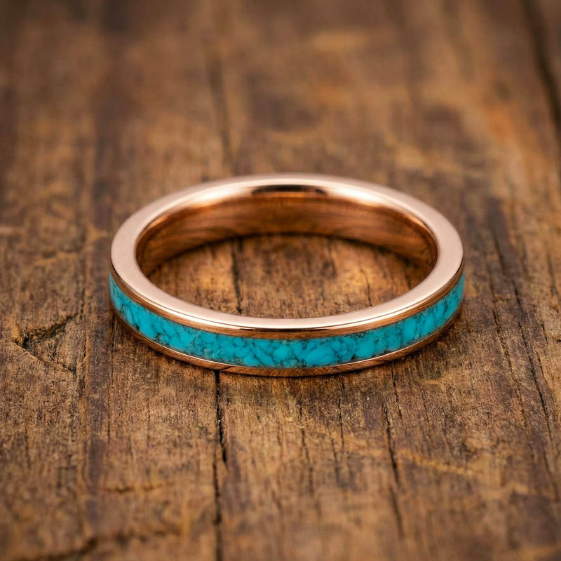 18K Rose Gold Turquoise Ring Titanium Wedding Band Womens Ring 4mm Unique Boho Nature Rings