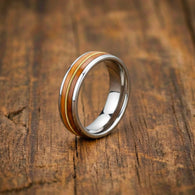 Silver Whiskey Barrel Guitar String Ring Mens Wedding Band Tungsten Rings with Bourbon Wood Inlay