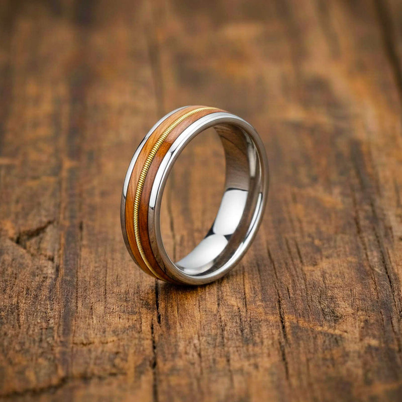 Silver Whiskey Barrel Guitar String Ring Mens Wedding Band Tungsten Rings with Bourbon Wood Inlay