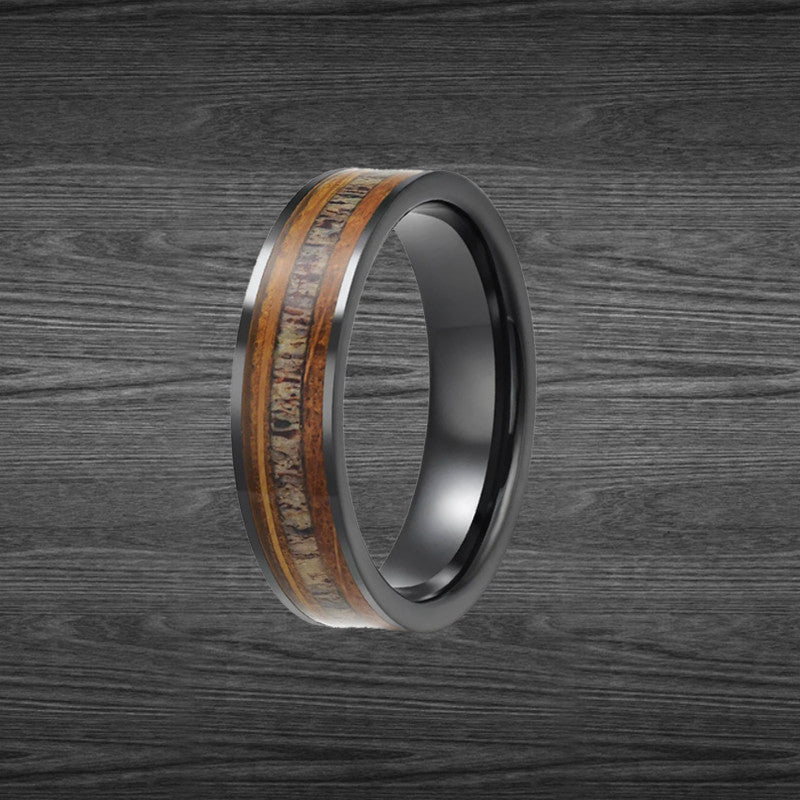 6mm Black Whiskey Barrel Ring Mens Wedding Band Tungsten Ring  - Thin Deer Antler Ring Tungsten Wedding Band Mens Ring