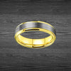 Thin 14K Gold Wedding Bands Womens Ring 6mm Yellow Gold Ring with Step Edges and Brushed Silver Stripe Tungsten Ring