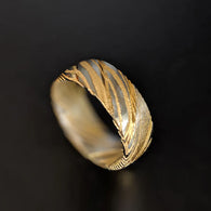 6mm Yellow Gold Ring Damascus Steel Ring - 14K Gold Damascus Ring Mens Wedding Band