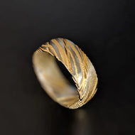 6mm Yellow Gold Ring Damascus Steel Ring - 14K Gold Damascus Ring Mens Wedding Band - Pillar Styles