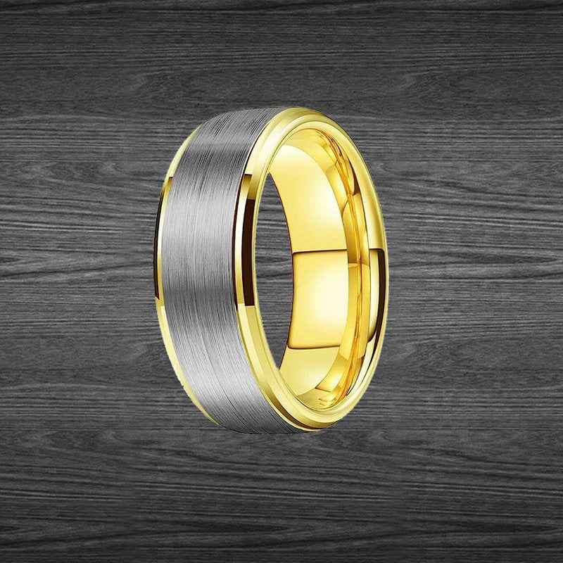 14K Gold Ring Mens Wedding Band Tungsten Ring with Step Edges 8mm Gold and Silver Ring
