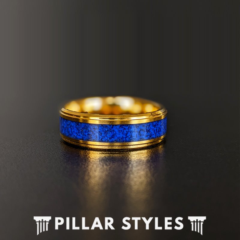 14K Gold Lapis Lazuli Ring Mens Wedding Band Tungsten Ring 8mm Lapis Ring with Step Edges Yellow Gold Wedding Band Mens Ring