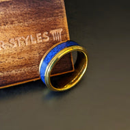 14K Gold Lapis Lazuli Ring Mens Wedding Band Tungsten Ring - 8mm Lapis Ring with Step Edges Yellow Gold Wedding Band Mens Ring - Pillar Styles