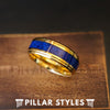 14K Gold Lapis Lazuli Ring Mens Wedding Band Tungsten Ring - 8mm Lapis Ring with Step Edges Yellow Gold Wedding Band Mens Ring