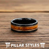 Hammered Whiskey Barrel Ring Black Rose Gold Wedding Band Tungsten Rings for Men with Bourbon Wood Inlay 8mm Unique Wooden Engagement Rings