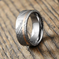 Silver Damascus Ring Mens Wedding Band 18K Rose Gold Ring with Damascus Steel