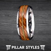 Silver Bourbon Barrel Ring Mens Wedding Band Guitar String Ring 8mm Unique Whiskey Barrel Wood Rings for Men Tungsten Ring