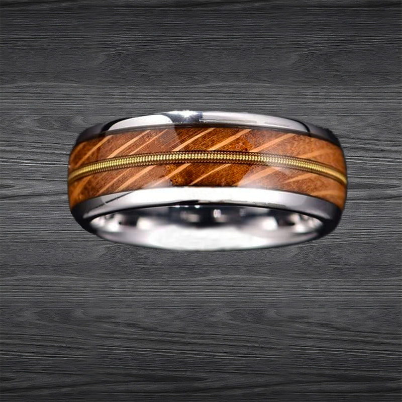 Silver Bourbon Barrel Ring Mens Wedding Band Guitar String Ring 8mm Unique Whiskey Barrel Wood Rings for Men Tungsten Ring
