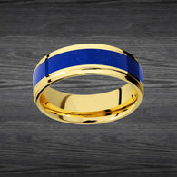 Yellow Gold Lapis Lazuli Ring Mens Wedding Band Tungsten Ring 14K Gold Ring with Step Edges and Lapis Inlay
