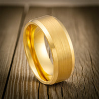 14K Gold Ring Titanium Wedding Band Mens Ring 8mm Yellow Gold Wedding Band Titanium Ring with Beveled Edges