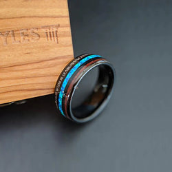 Black Opal Ring Tungsten Wedding Band Mens Ring, 8mm Antler & Koa Wood Ring Mens Wedding Band